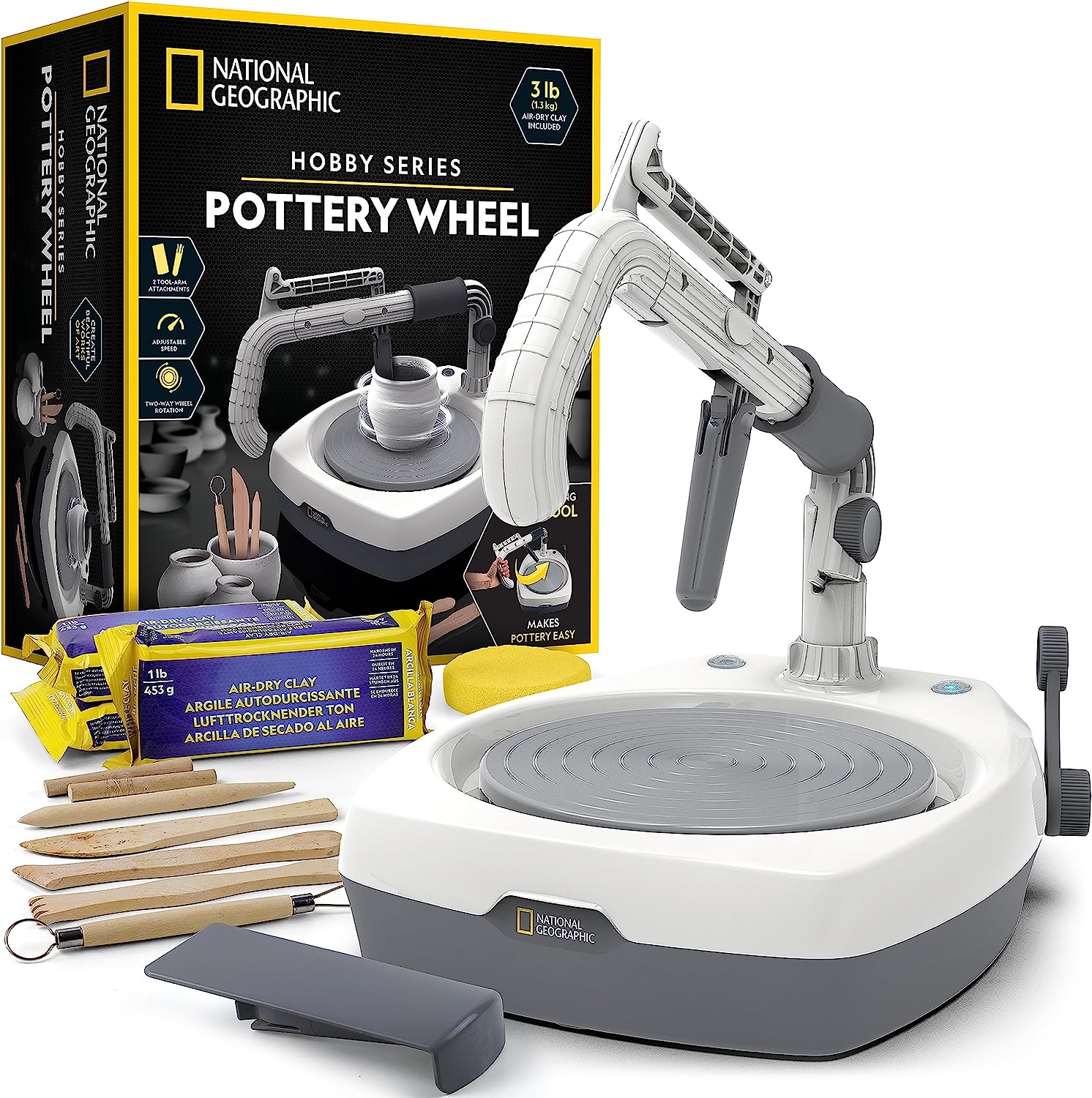 NATIONAL GEOGRAPHIC Hobby Pottery Wheel Kit - 8 Variable Speed Pottery  Wheel for Adults & Teens with Innovative Arm Tool, 3 Lb Air Dry Clay & Art  Supplies, Crafts for Adults, Craft Kits for Teenagers 